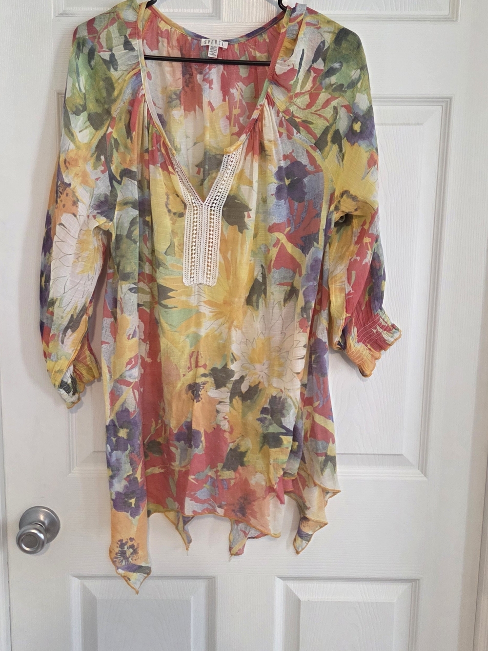 Spense Yellow Multi Floral V-Neck Tunic with Crochet Trim